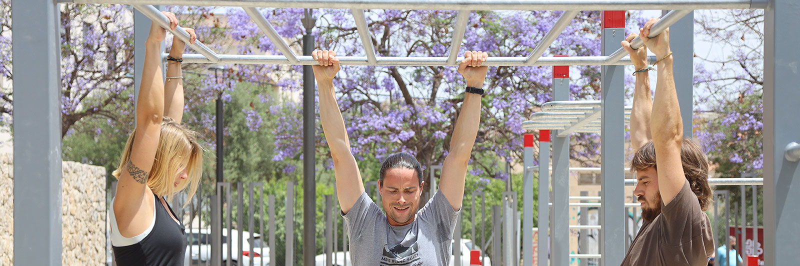 Group of adults are doing pull ups on callisthenic outdoor frame.